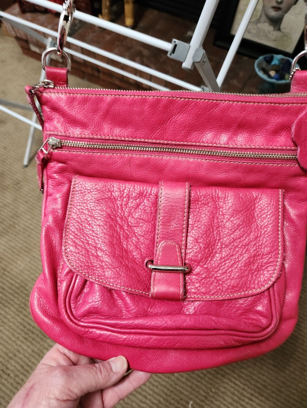 Roots Hot Pink Leather Crossbody Bag